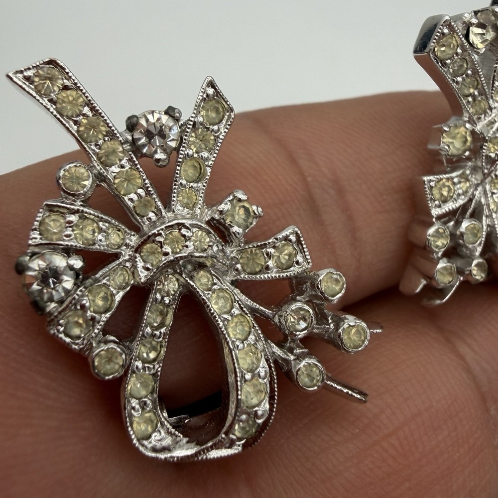 Vtg PANETTA  Rhinestone Earrings Floral Bow Signed Read - Picture 7 of 13